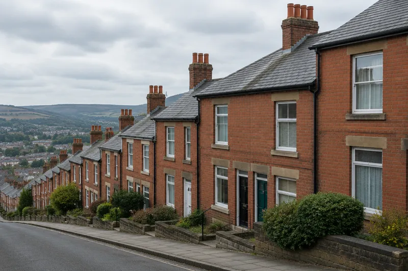 Roofers in Barnsley: illustration of red-brick terraced houses with grey slate roofs and chimney stacks on a hillside street